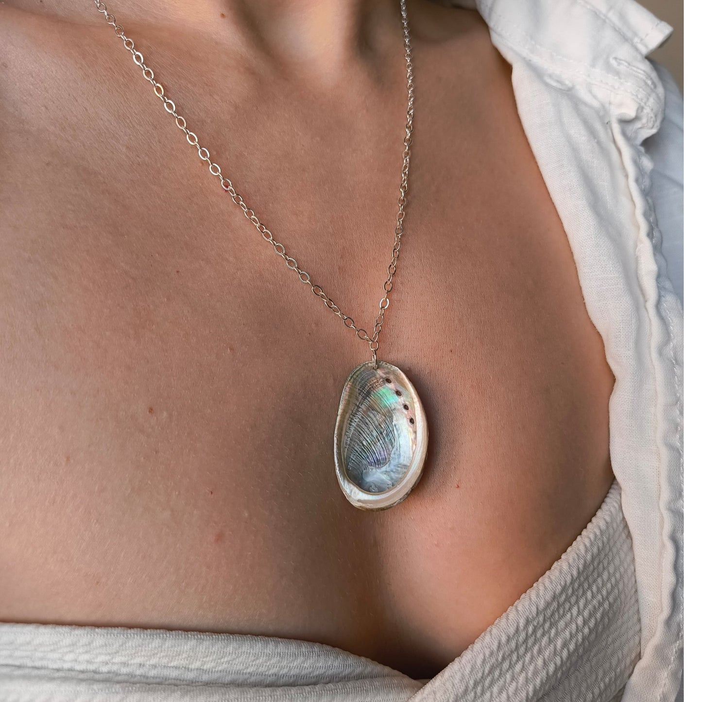 Handmade Abalone Shell Pendant Necklace with Silver Plated Chain and 925 Sterling Silver Clasp