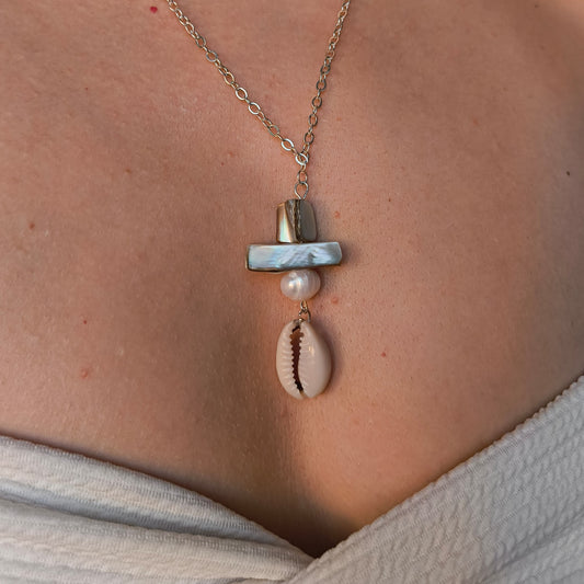 Handmade Mother of Pearl, Cowrie Shell and Genuine Pearl Necklace with Silver Plated Chain and 925 Sterling Silver Clasp