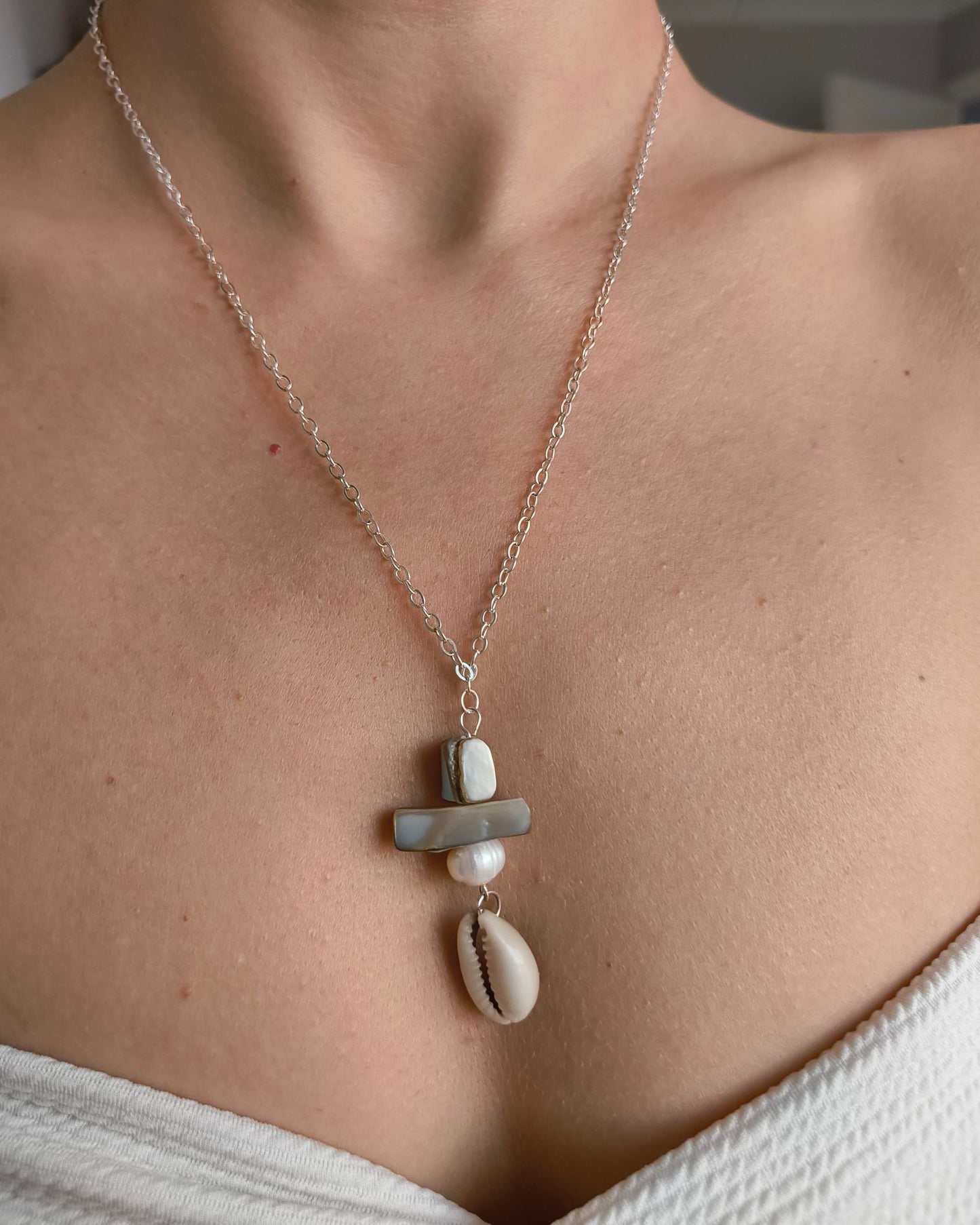 Handmade Mother of Pearl, Cowrie Shell and Genuine Pearl Necklace with Silver Plated Chain and 925 Sterling Silver Clasp