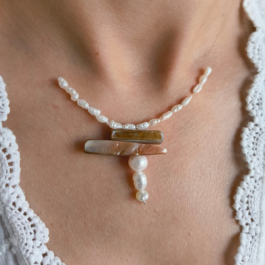 Handmade Ghost Mother of Pearl and Pearl Necklace - One of a Kind Statement Piece with 925 Sterling Silver Clasp
