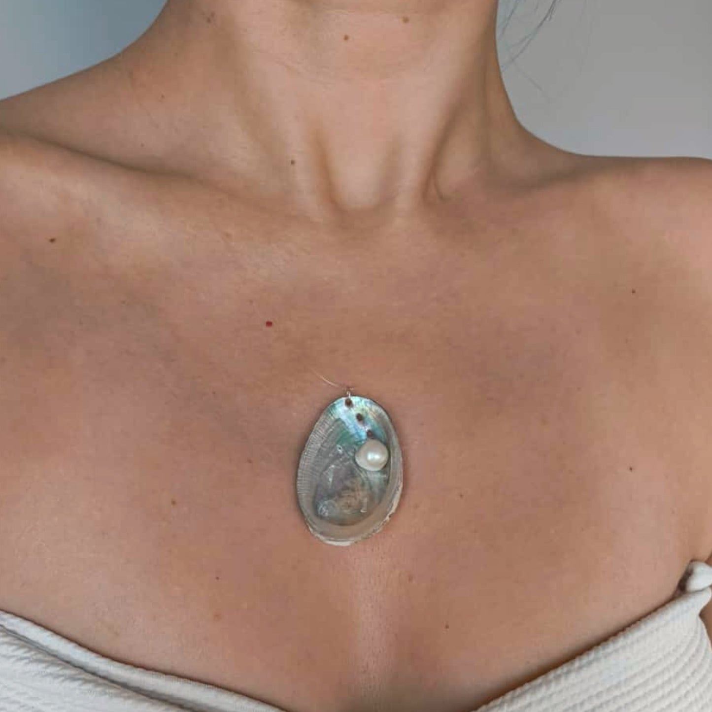 Handmade Ghost Abalone Shell Necklace with Genuine Pearl Accent and 925 Sterling Silver Clasp
