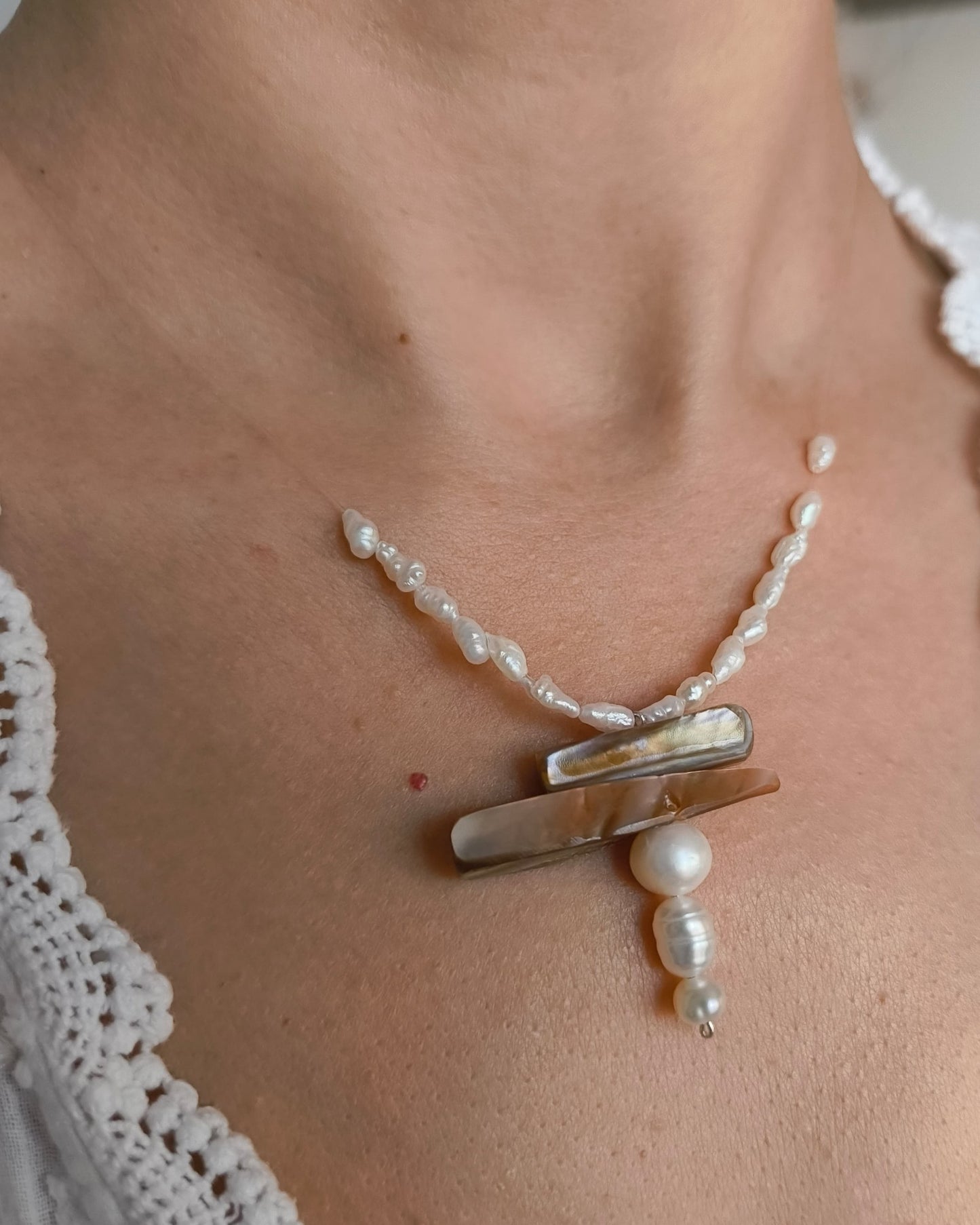 Handmade Ghost Mother of Pearl and Pearl Necklace - One of a Kind Statement Piece with 925 Sterling Silver Clasp