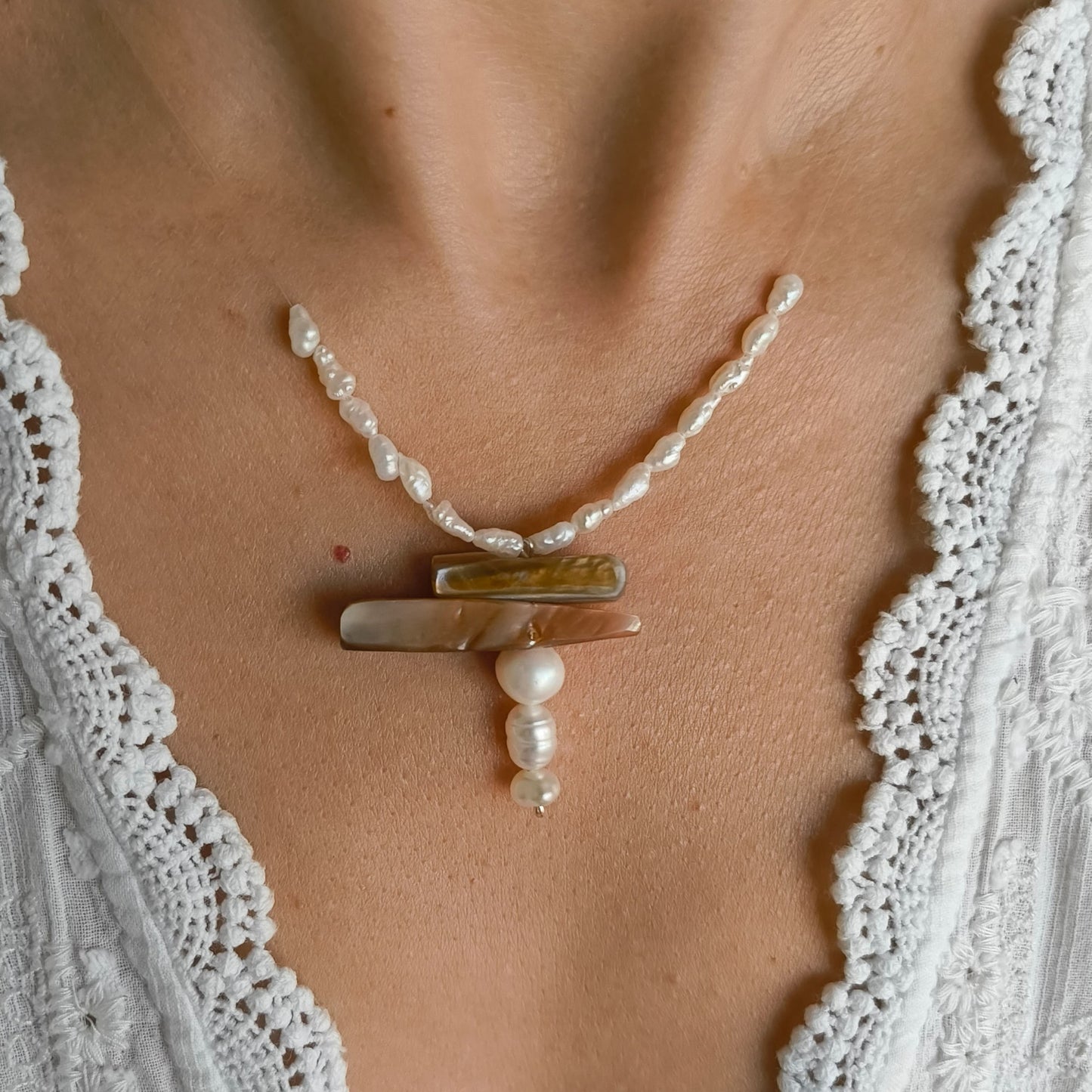 Handmade Ghost Mother of Pearl and Pearl Necklace - One of a Kind Statement Piece with 925 Sterling Silver Clasp