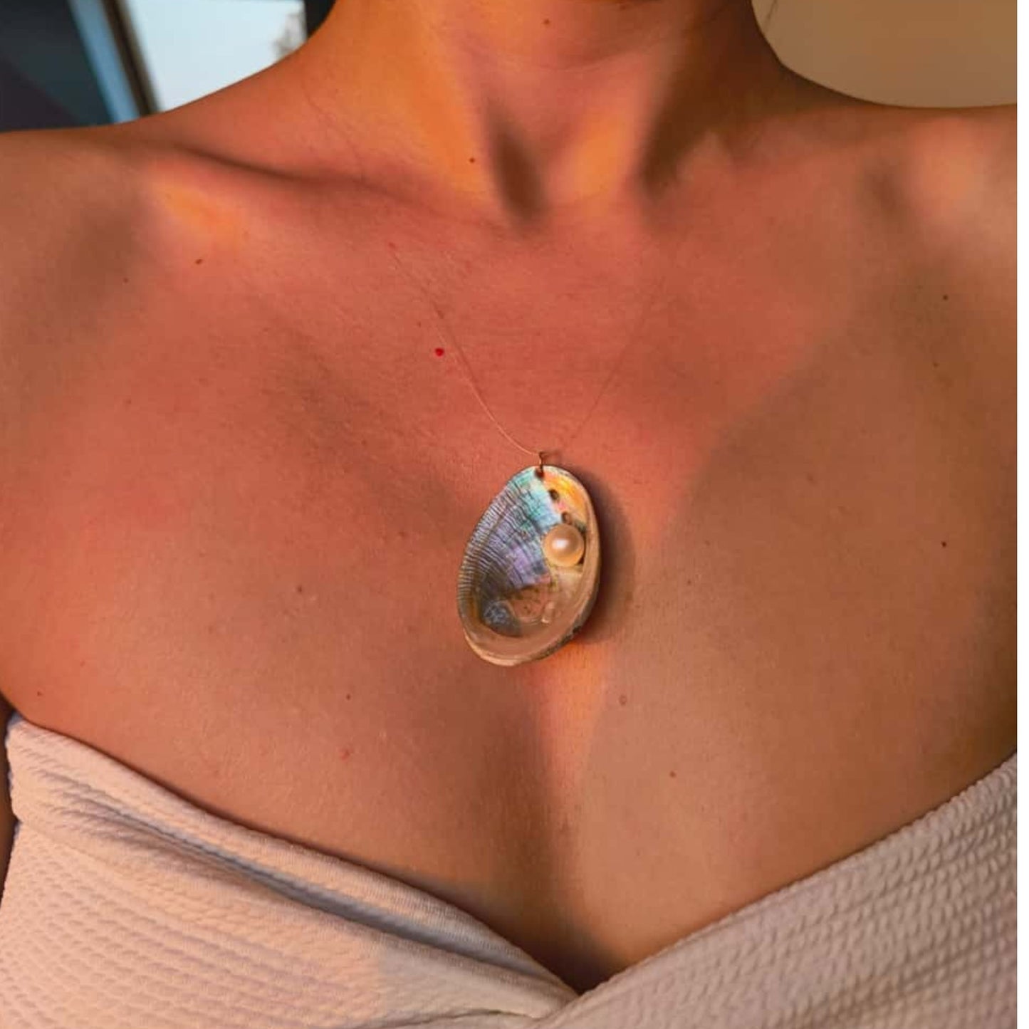 Handmade Ghost Abalone Shell Necklace with Genuine Pearl Accent and 925 Sterling Silver Clasp