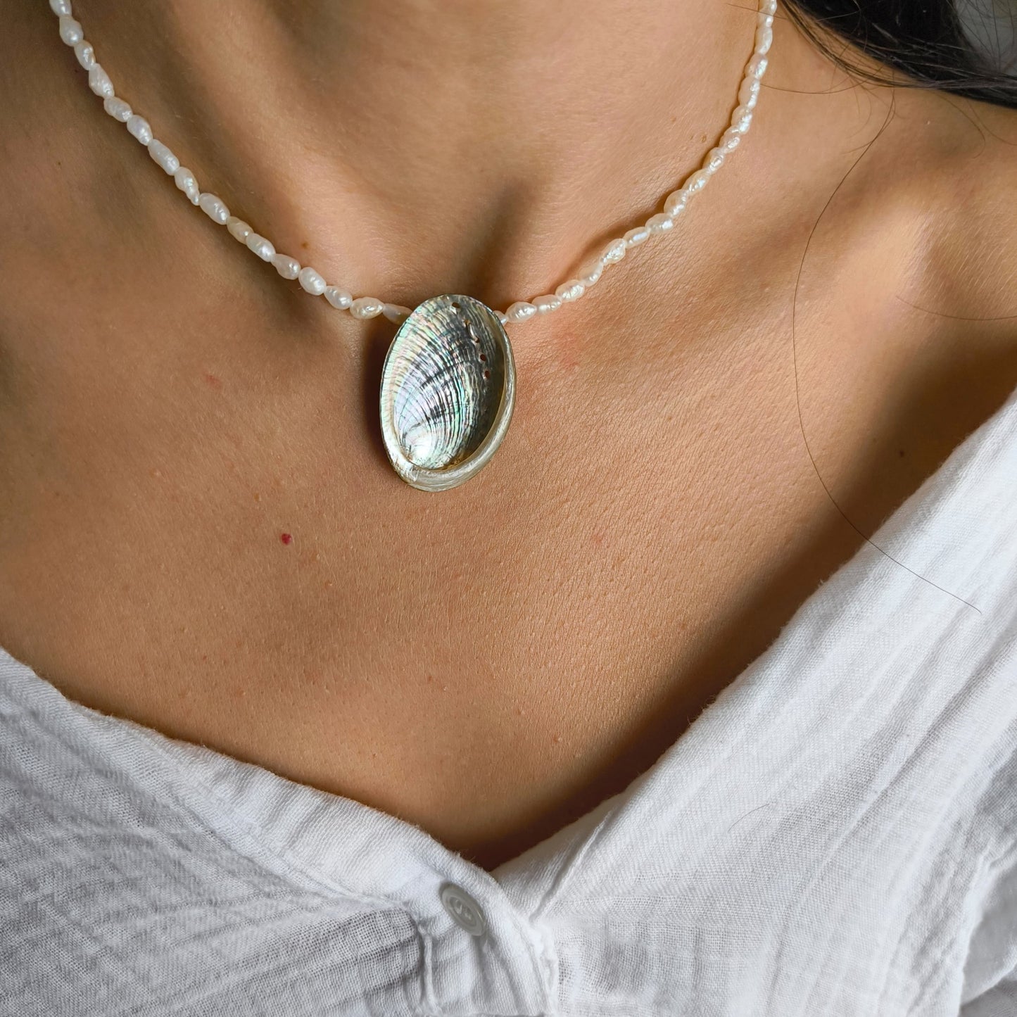 Freshwater Pearl Necklace with Natural Abalone Shell Pendant – Handmade in London