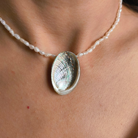 Freshwater Pearl Necklace with Natural Abalone Shell Pendant – Handmade in London