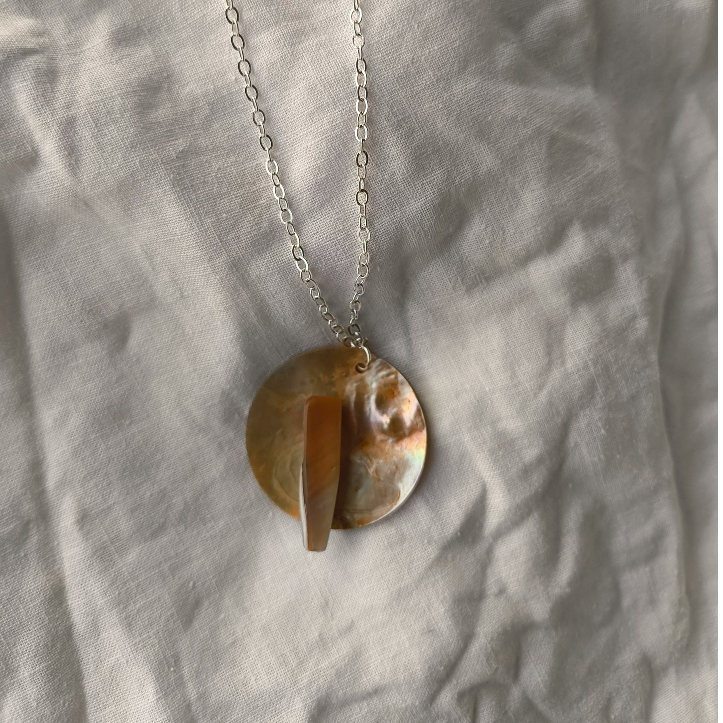 Handmade Mother of Pearl Shell Pendant Necklace with Silver Plated Chain and 925 Sterling Silver Clasp