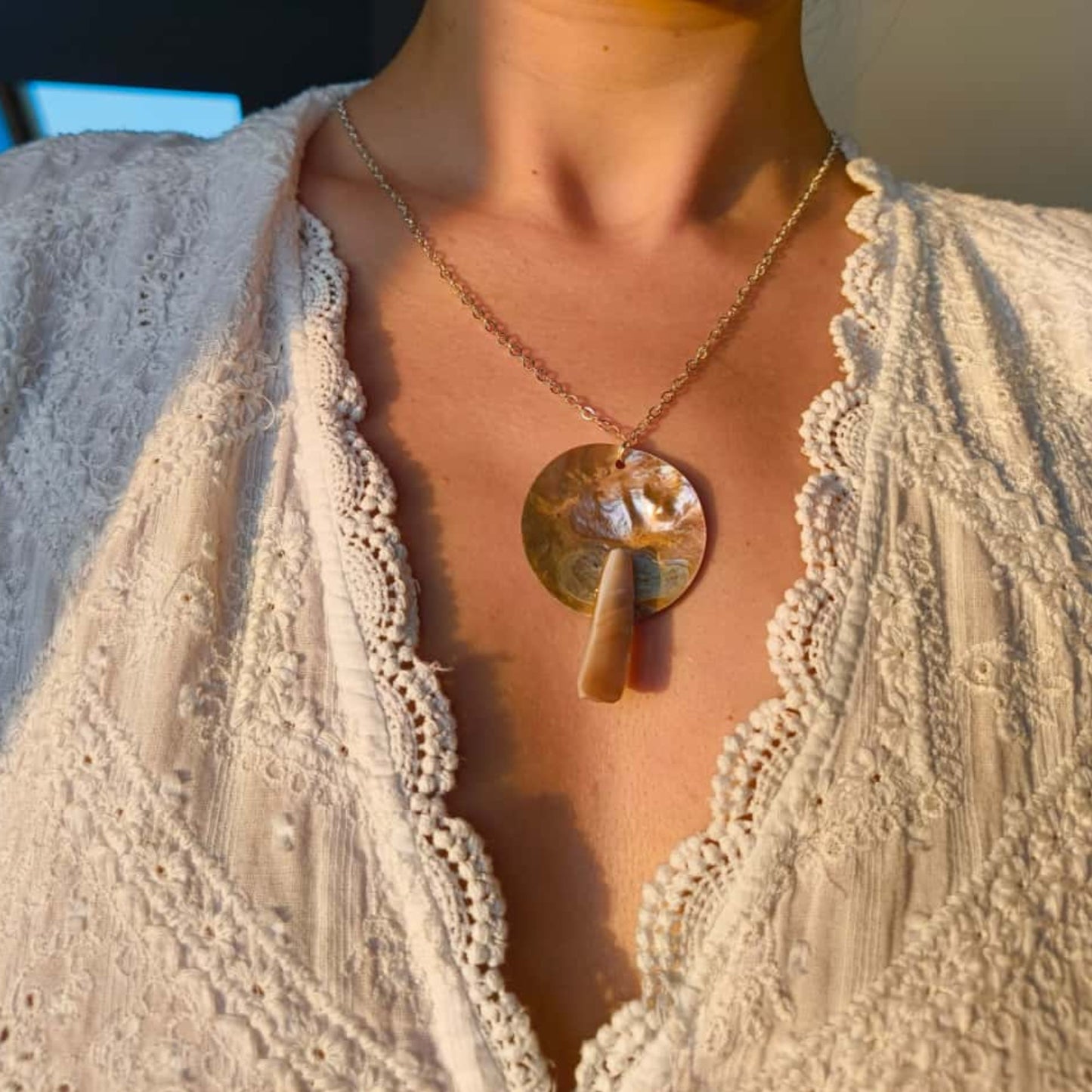 Handmade Mother of Pearl Shell Pendant Necklace with Silver Plated Chain and 925 Sterling Silver Clasp