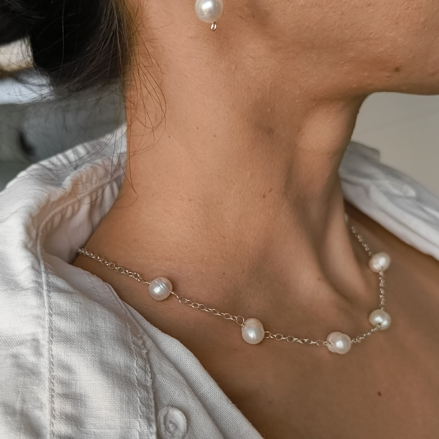 Handmade Mother of Pearl Station Necklace with Silver Plated Chain