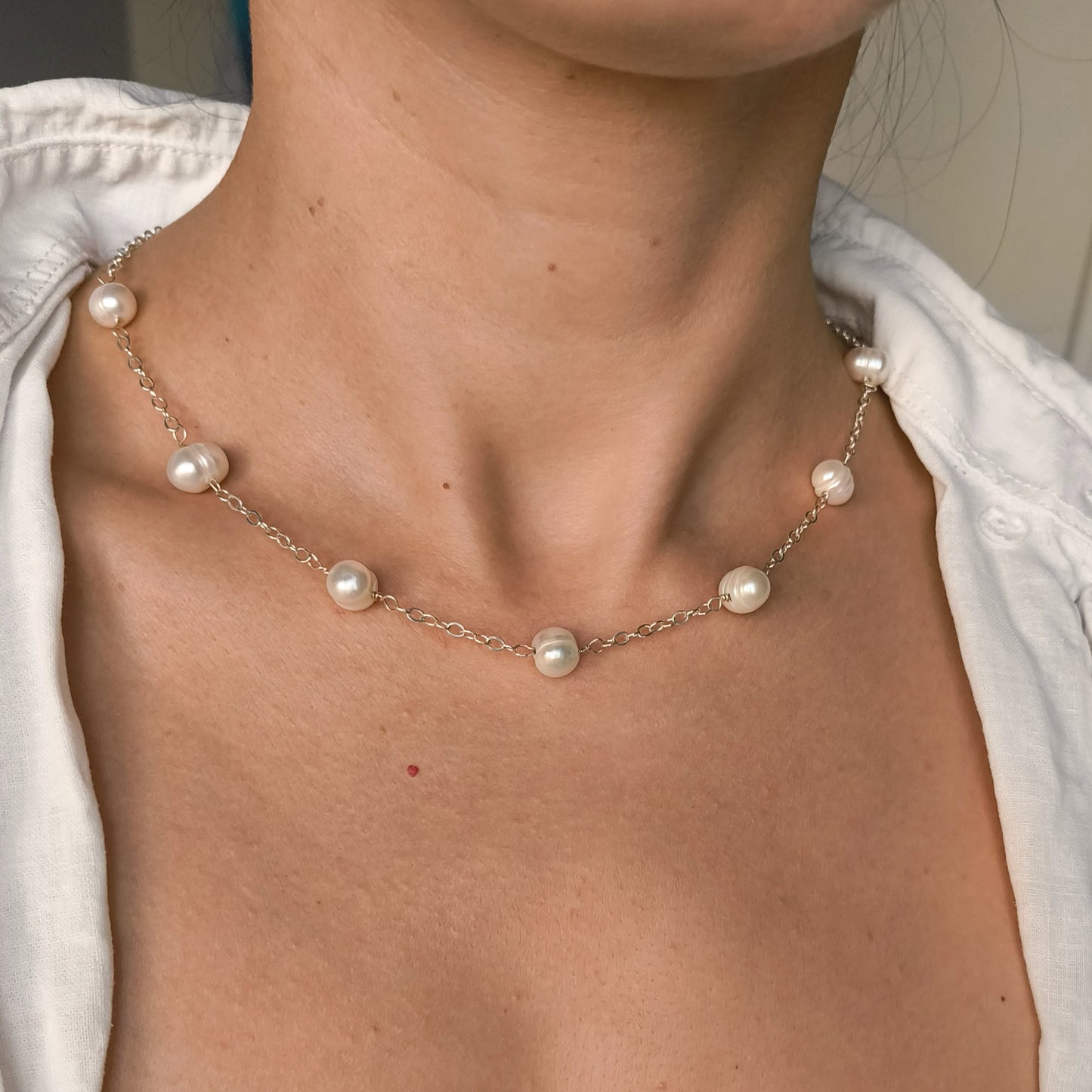 Handmade Mother of Pearl Station Necklace with Silver Plated Chain