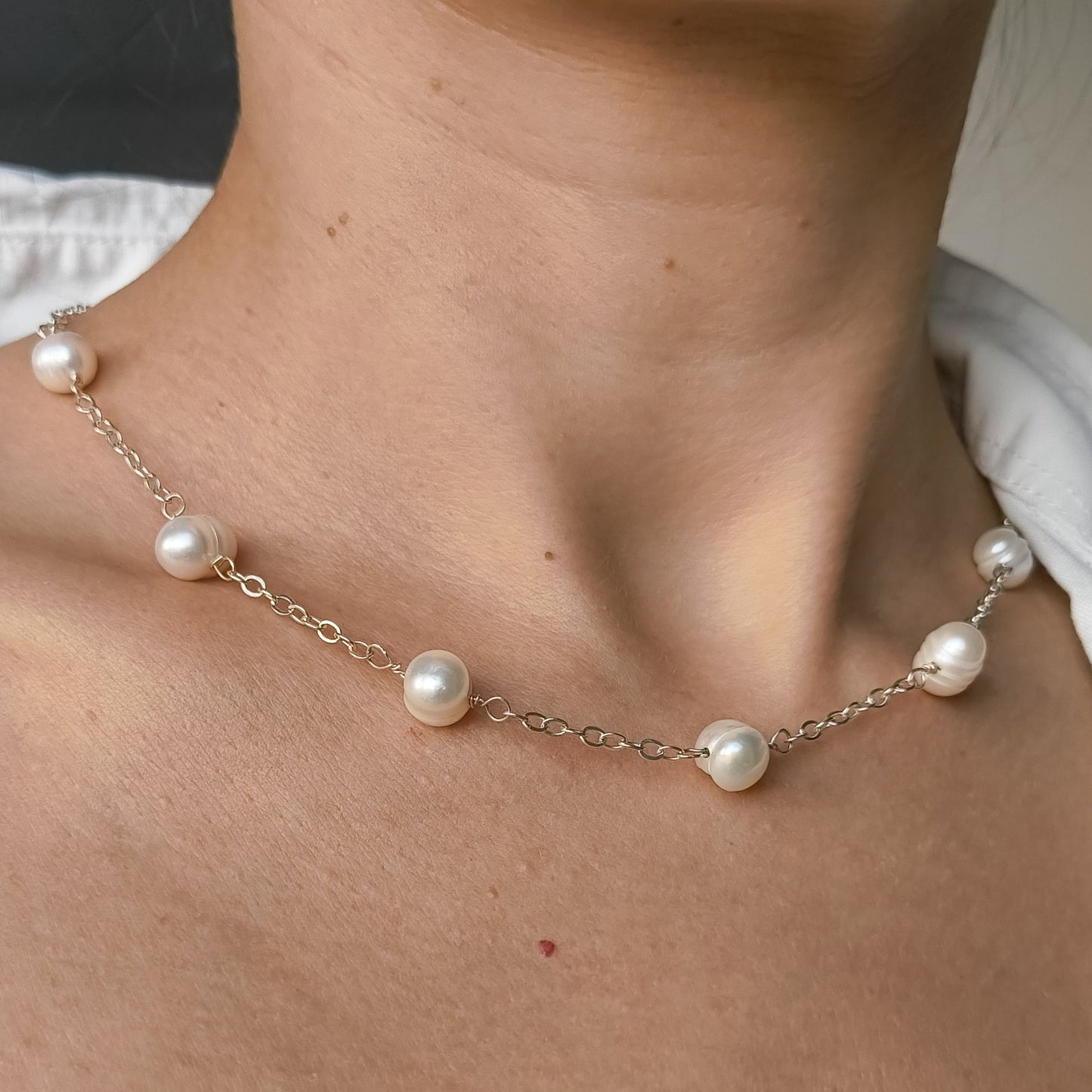 Handmade Mother of Pearl Station Necklace with Silver Plated Chain