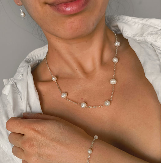 Handmade Mother of Pearl Station Necklace with Silver Plated Chain