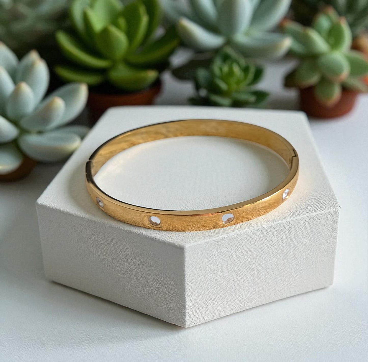 Gold Plated Titanium Steel Bangle with Subtle Crystal Accents