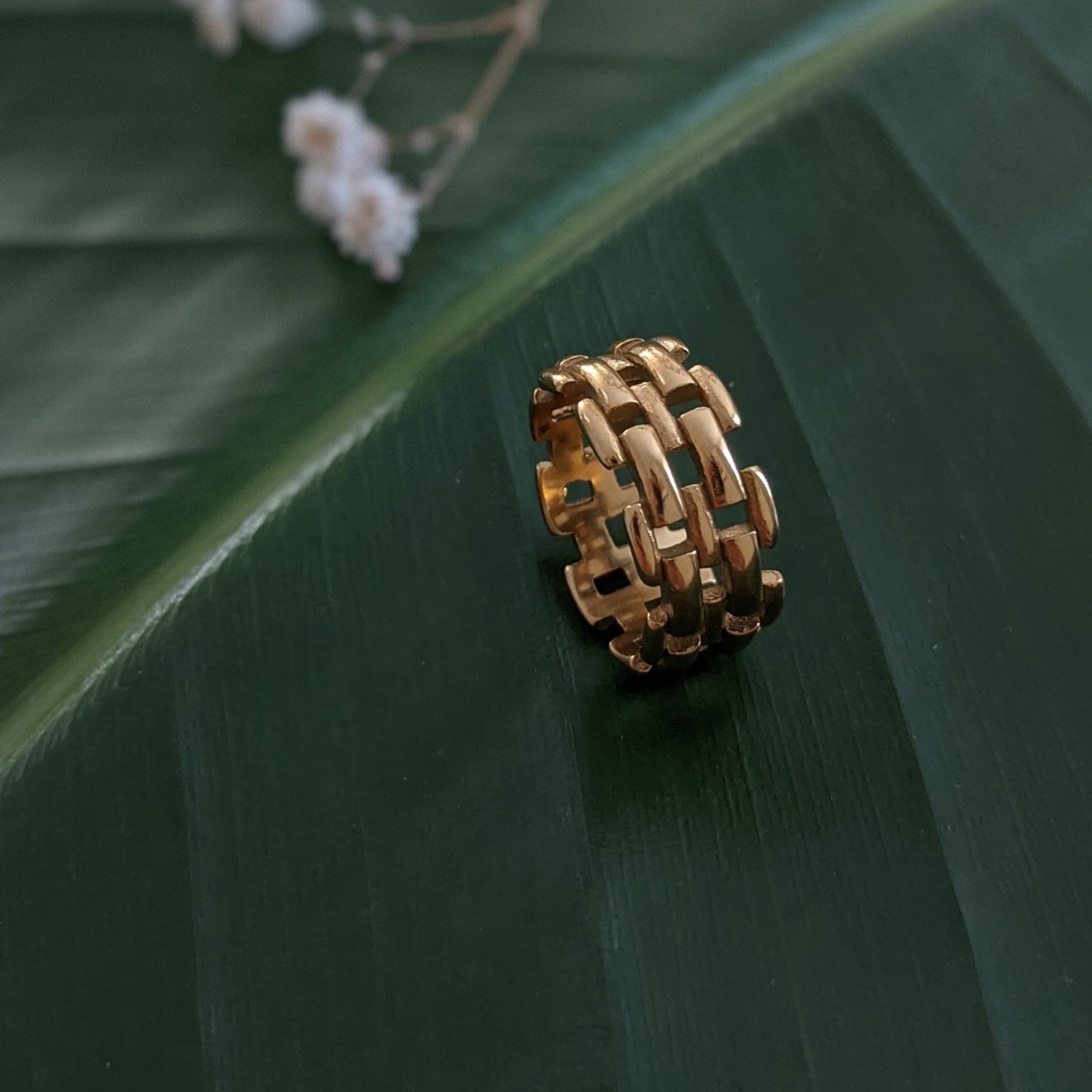 Gold woven ring on a green leaf