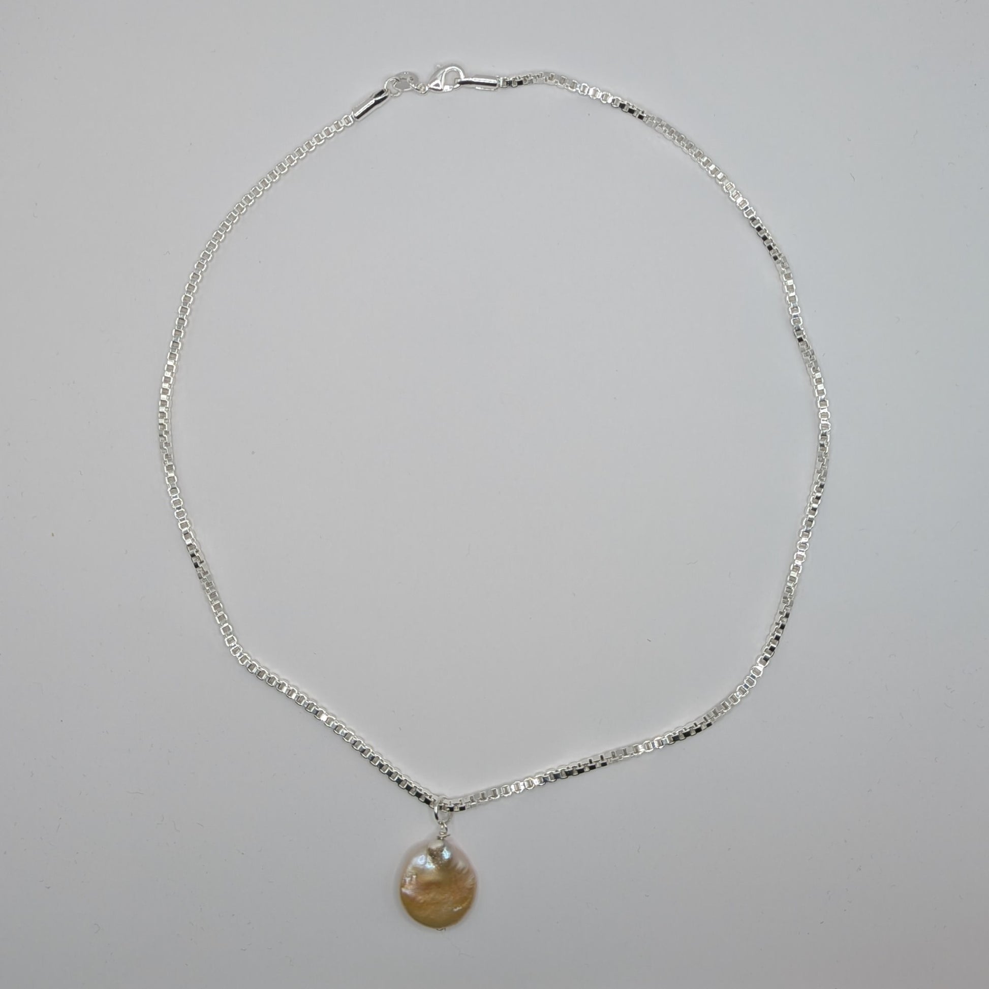 Silver necklace with a pendant on a gray background