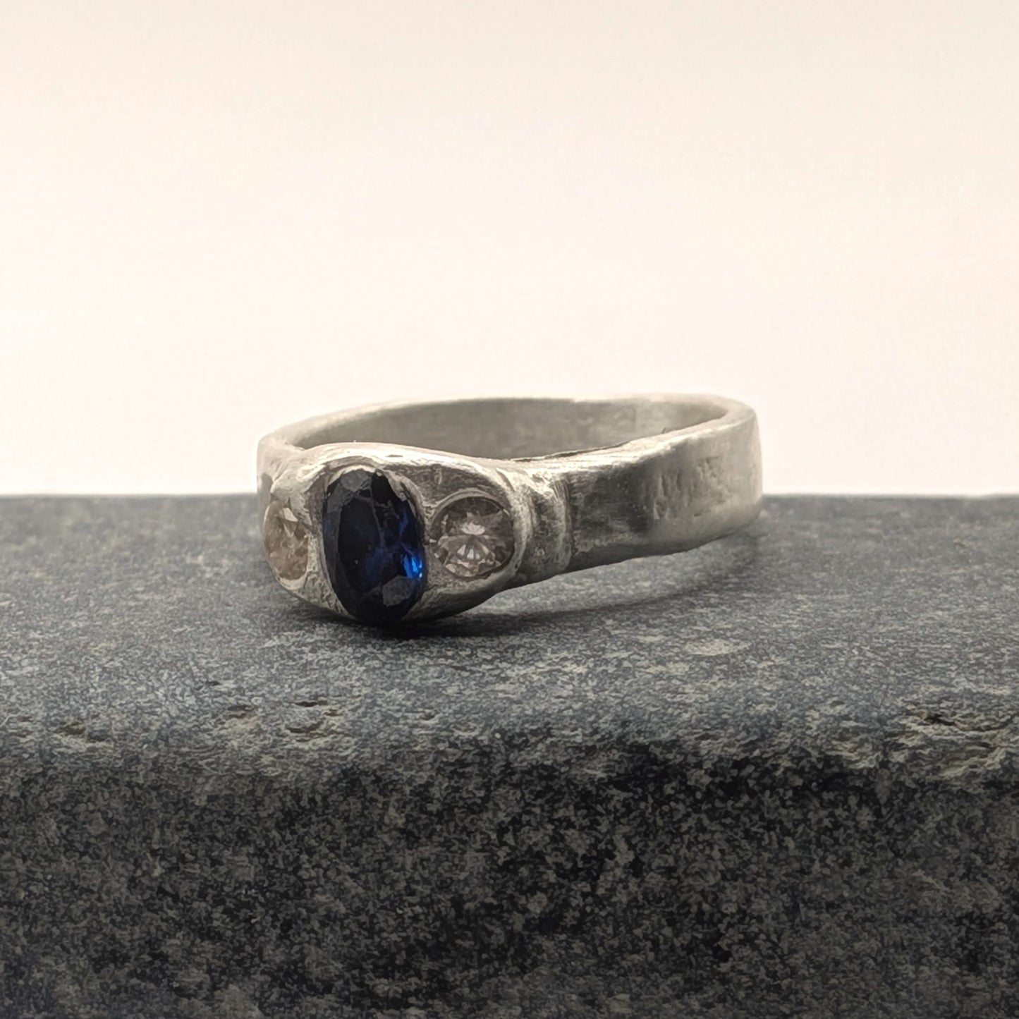 Molten Trilogy Ring | Fine Silver | Lab-Grown Sapphire | Handmade One-of-a-Kind | US Size 6