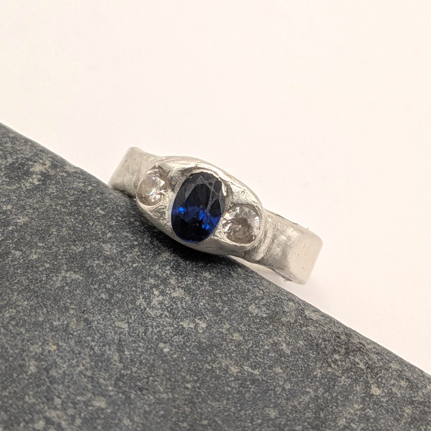 Molten Trilogy Ring | Fine Silver | Lab-Grown Sapphire | Handmade One-of-a-Kind | US Size 6