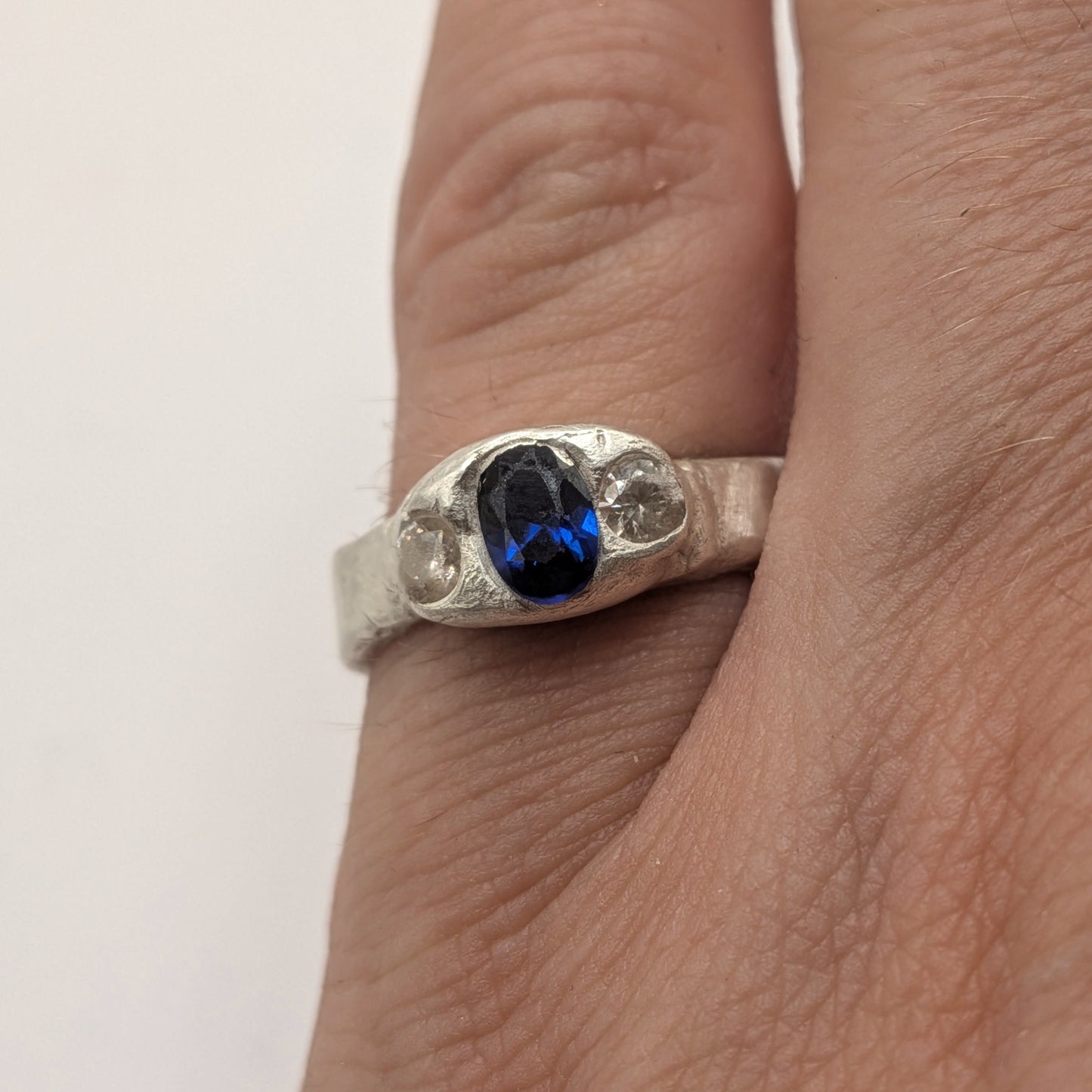 Molten Trilogy Ring | Fine Silver | Lab-Grown Sapphire | Handmade One-of-a-Kind | US Size 6