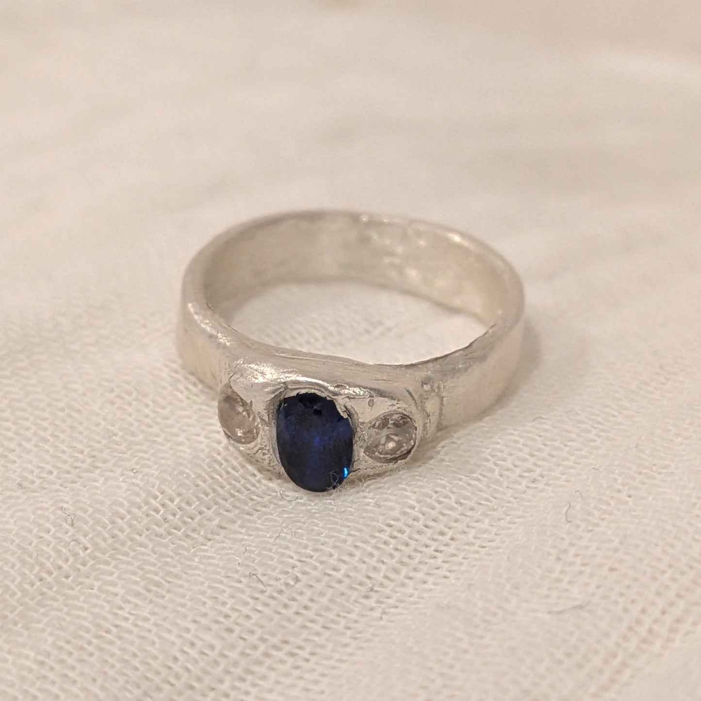 Molten Trilogy Ring | Fine Silver | Lab-Grown Sapphire | Handmade One-of-a-Kind | US Size 6