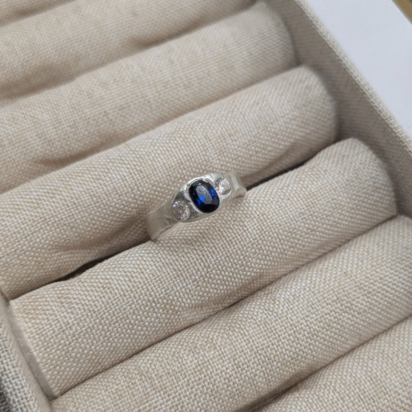 Molten Trilogy Ring | Fine Silver | Lab-Grown Sapphire | Handmade One-of-a-Kind | US Size 6