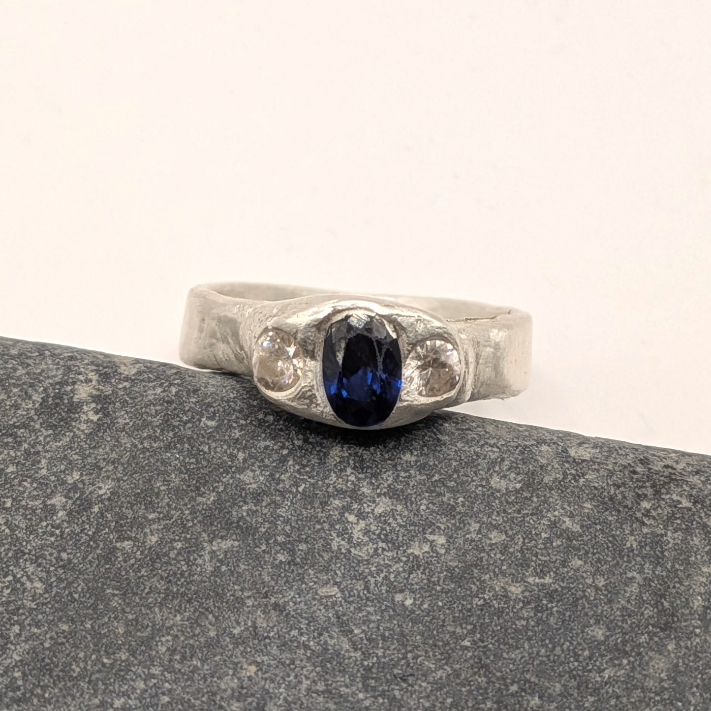 Molten Trilogy Ring | Fine Silver | Lab-Grown Sapphire | Handmade One-of-a-Kind | US Size 6