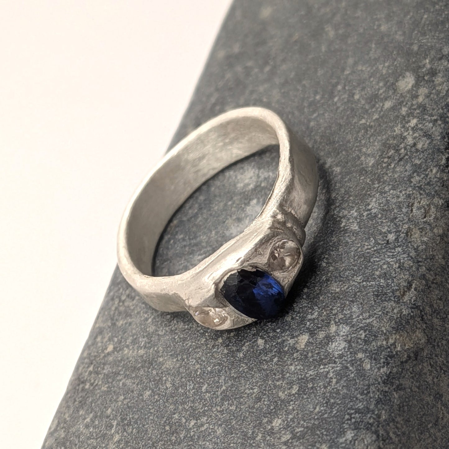 Molten Trilogy Ring | Fine Silver | Lab-Grown Sapphire | Handmade One-of-a-Kind | US Size 6