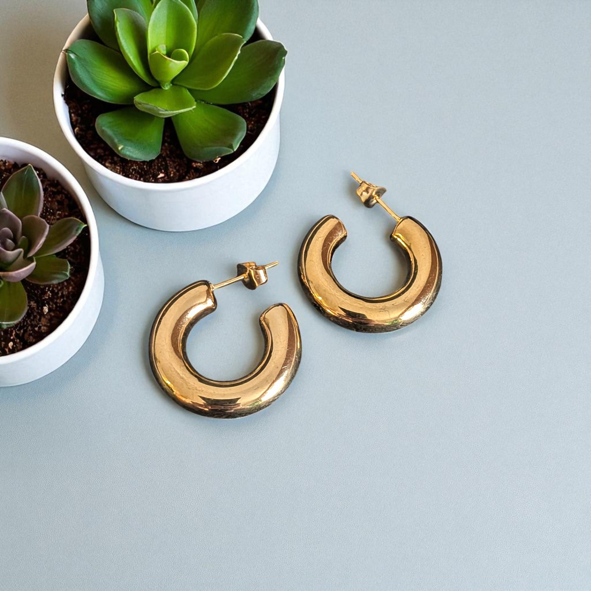 18k Gold plated hoop earrings on a light gray surface with small potted plants.