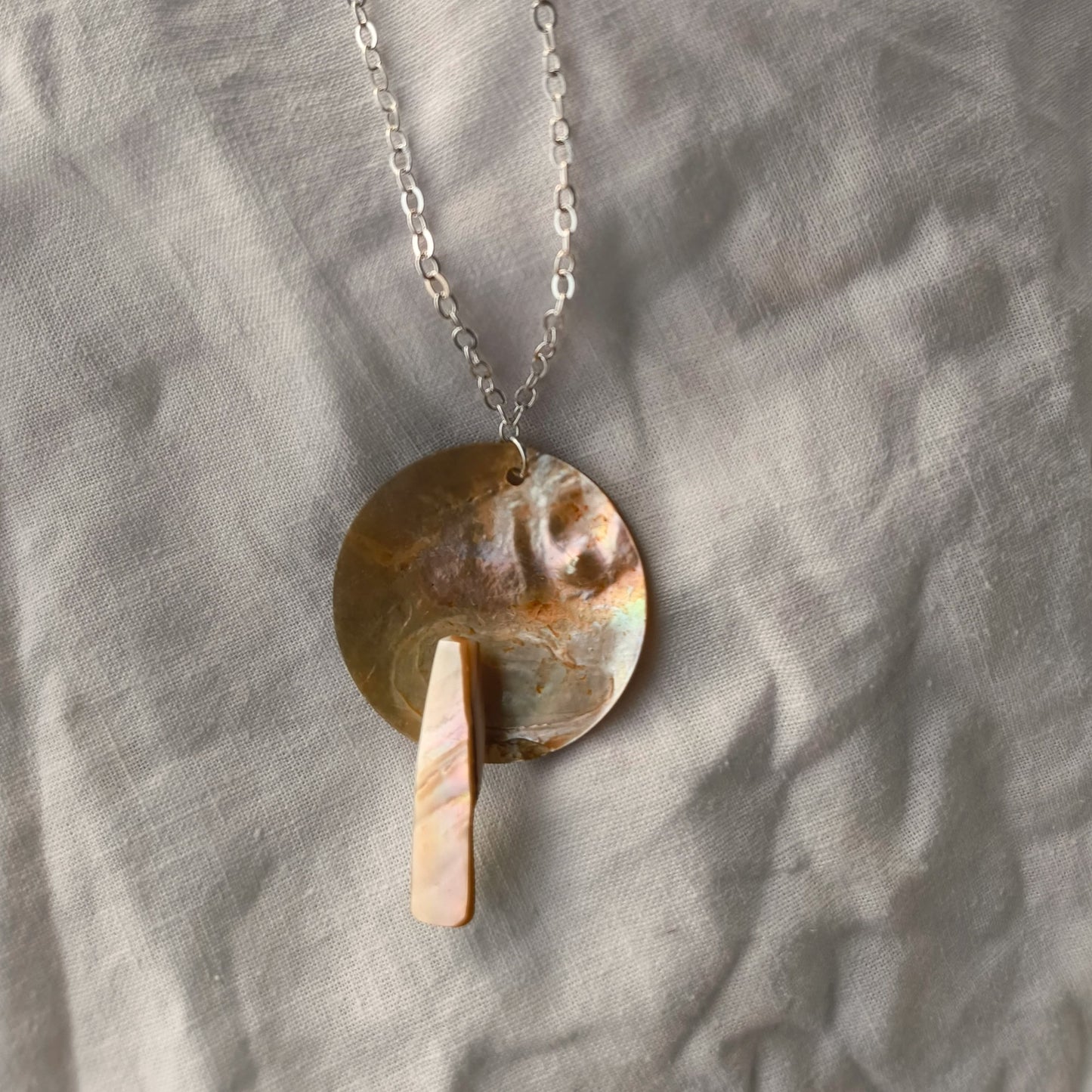 Handmade Mother of Pearl Shell Pendant Necklace with Silver Plated Chain and 925 Sterling Silver Clasp