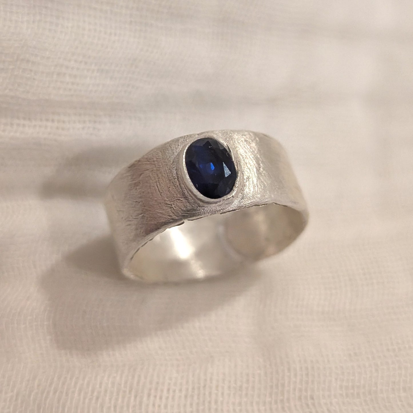 Blue Sapphire Wide Band Ring | Fine Silver | Handcrafted One-of-a-Kind | UK M / US 6.5