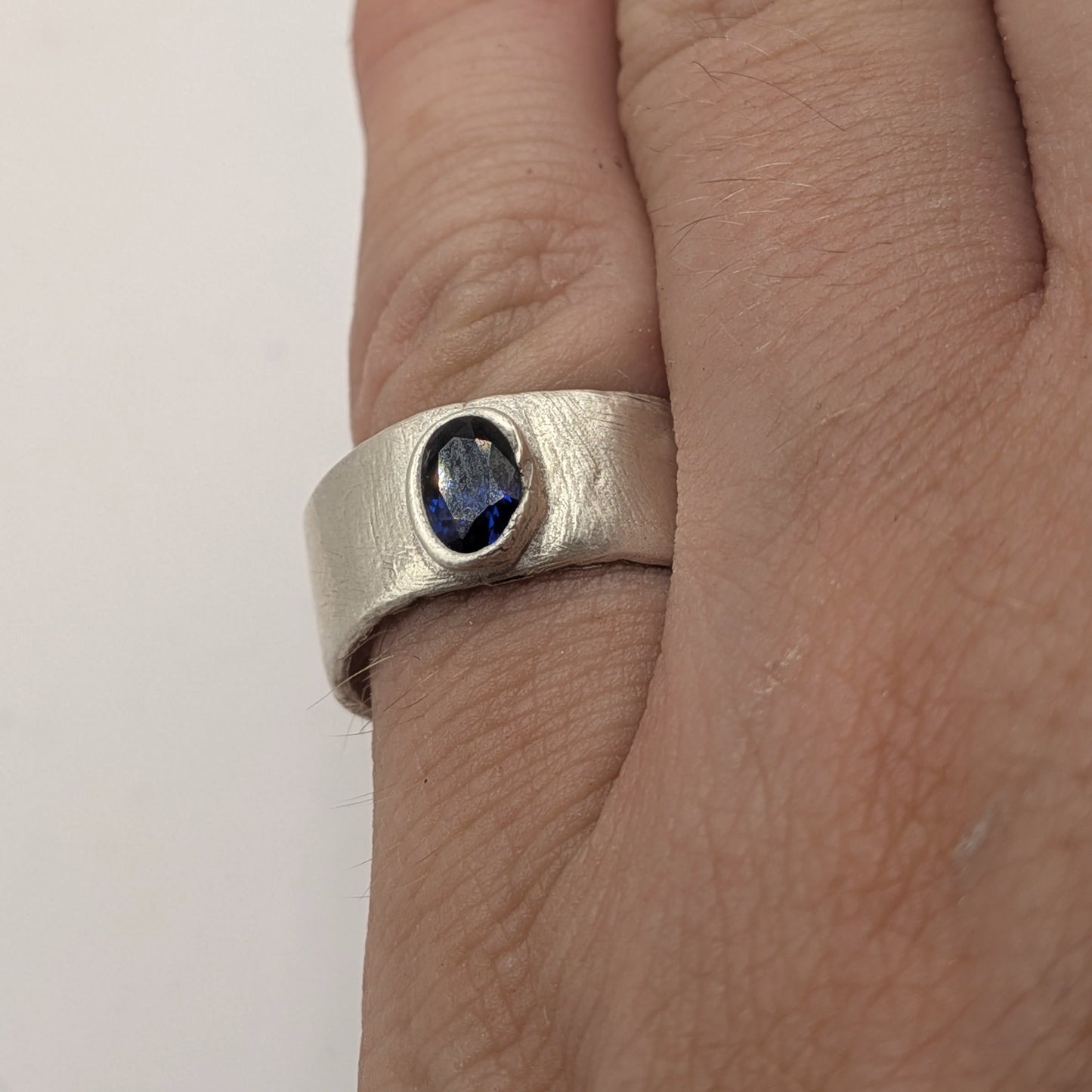 Blue Sapphire Wide Band Ring | Fine Silver | Handcrafted One-of-a-Kind | UK M / US 6.5