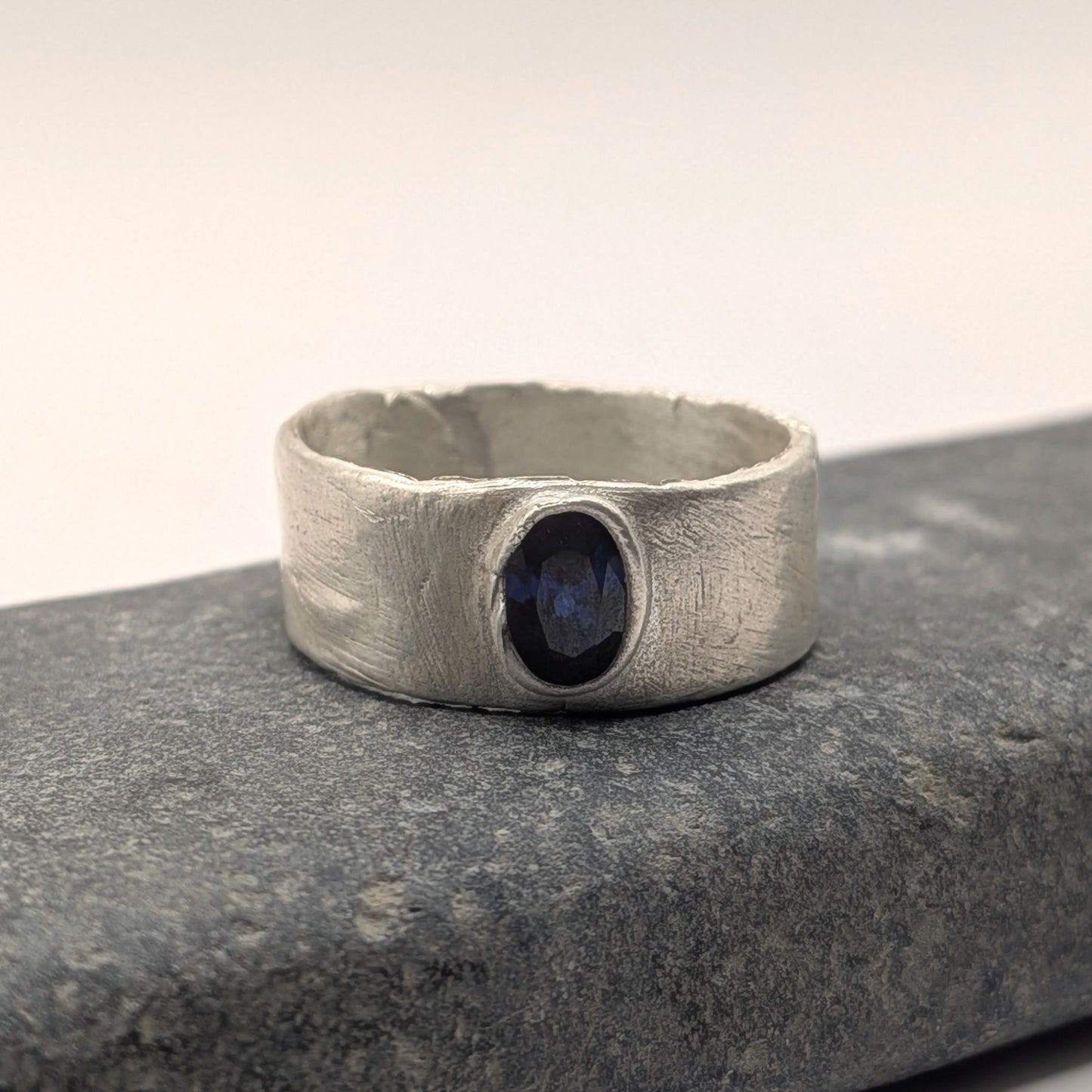 Blue Sapphire Wide Band Ring | Fine Silver | Handcrafted One-of-a-Kind | UK M / US 6.5