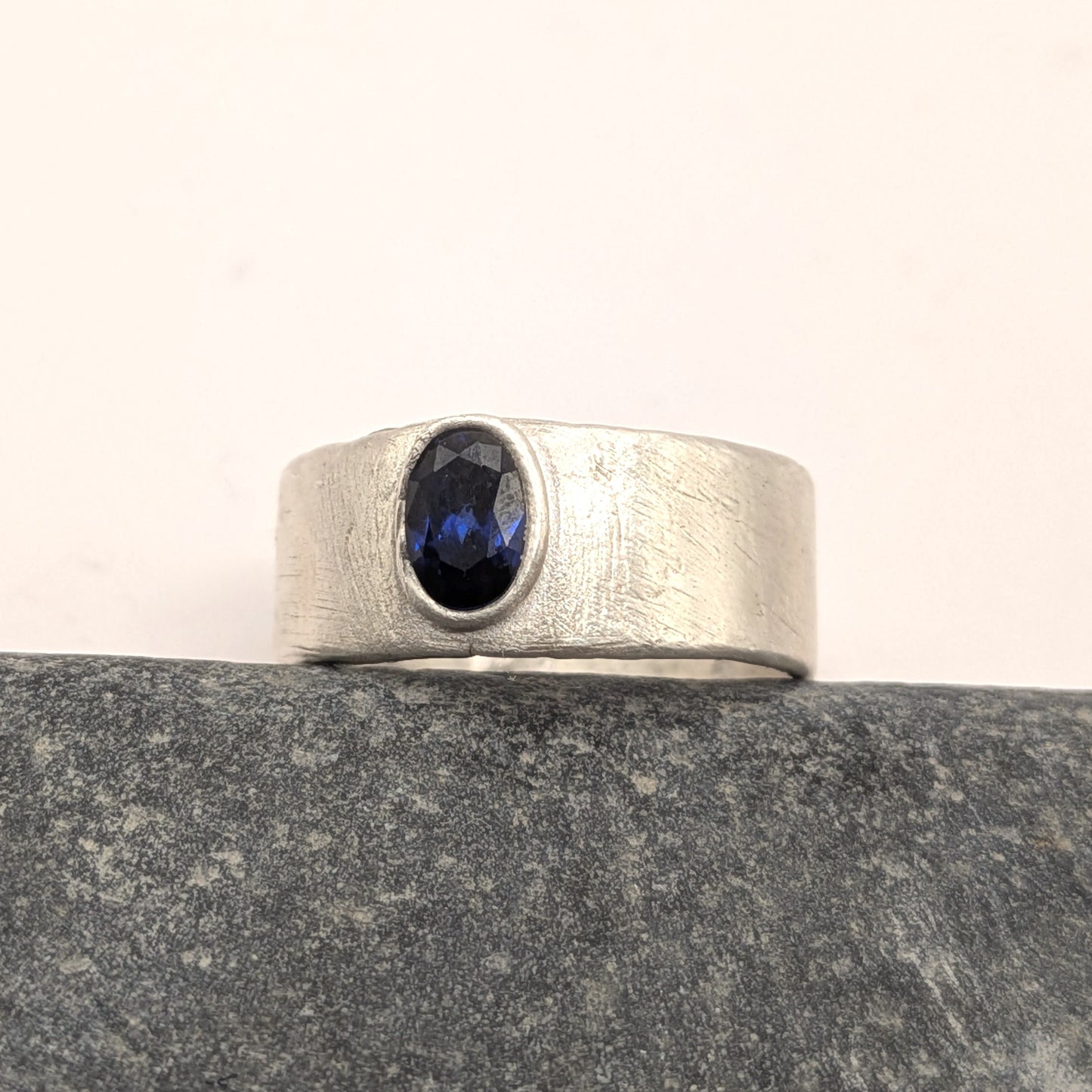 Blue Sapphire Wide Band Ring | Fine Silver | Handcrafted One-of-a-Kind | UK M / US 6.5
