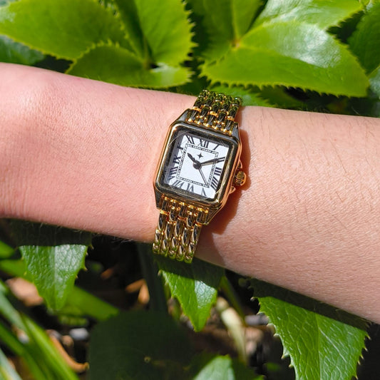 Roman Numeral Square Watch | White Dial | Two-Tone Gold & Stainless Steel Panther-Link Bracelet