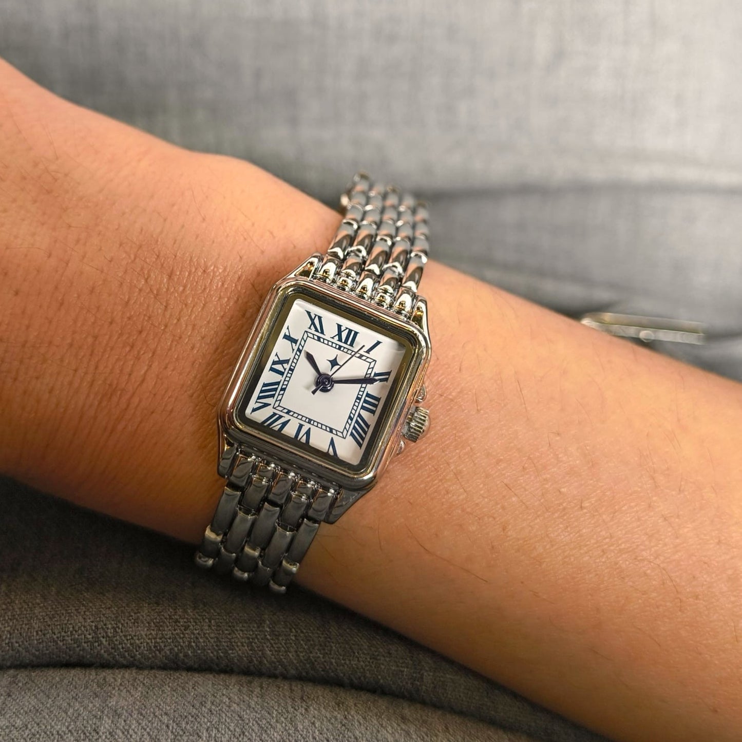 Roman Numeral Square Watch | Silver Panther-Link Bracelet | Classic Vintage-Modern Ladies' Watch