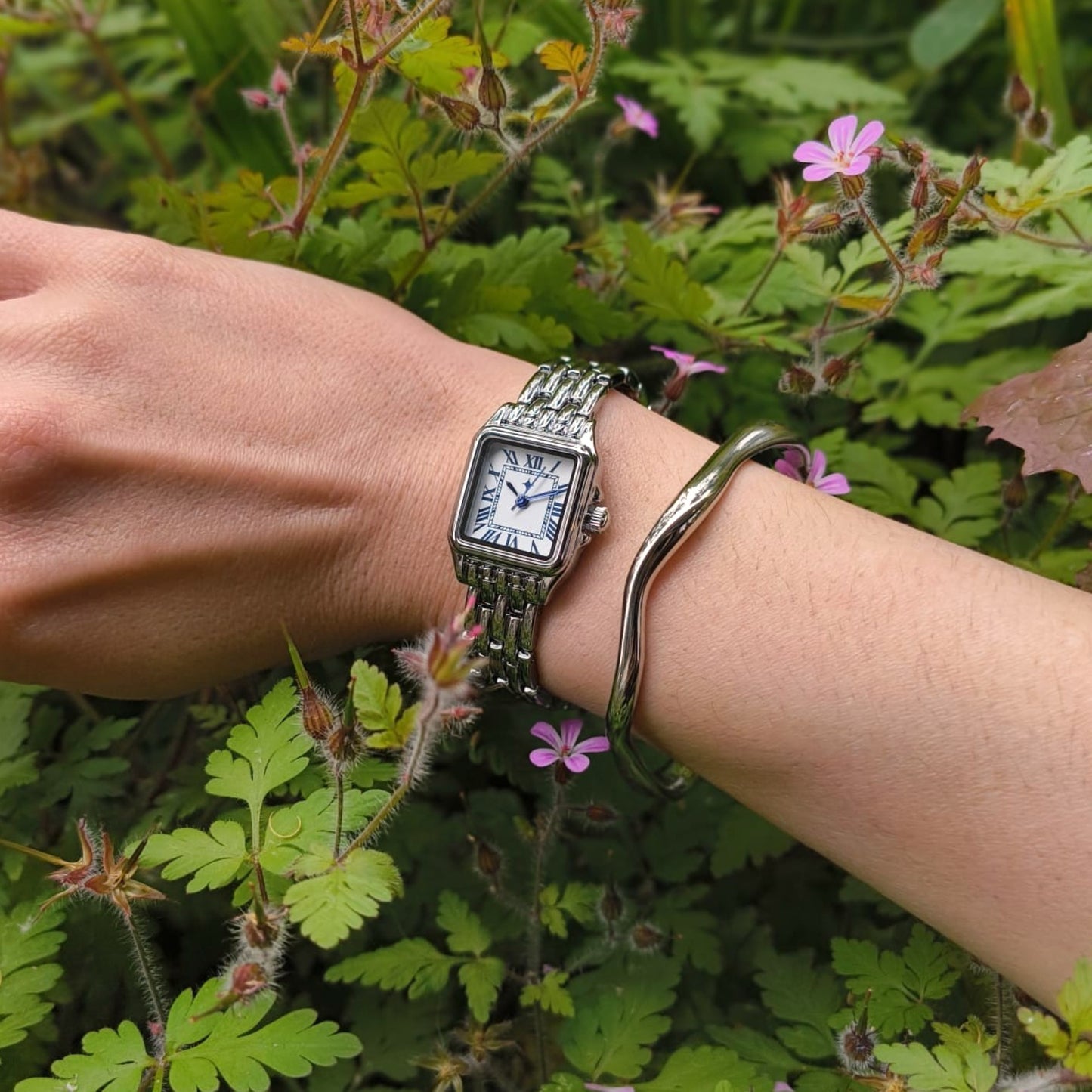 Roman Numeral Square Watch | Silver Panther-Link Bracelet | Classic Vintage-Modern Ladies' Watch