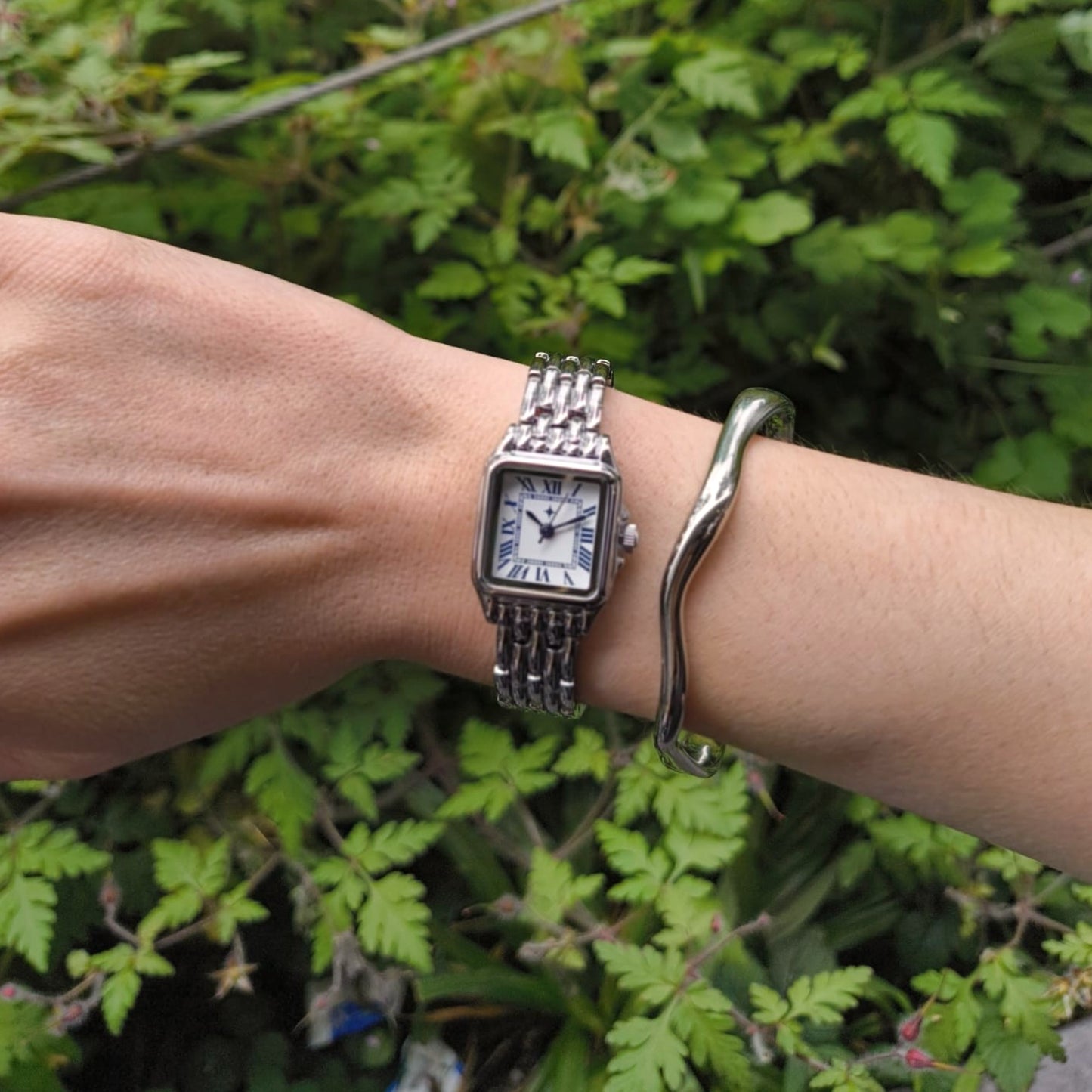 Roman Numeral Square Watch | Silver Panther-Link Bracelet | Classic Vintage-Modern Ladies' Watch